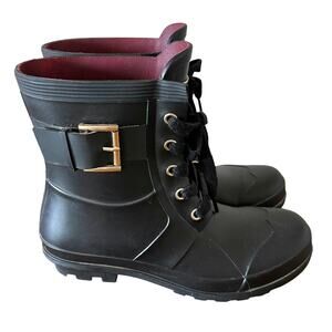 Tommy Hilfiger Women's Rain Boots Booties Lace Up with Buckle Detail Black 6